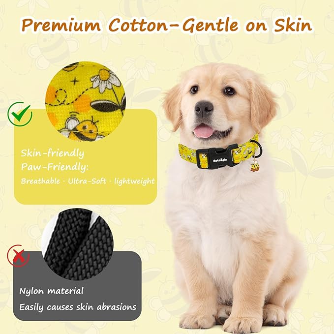 Yellow Dog Collar for Extra Small Dogs, Spring & Summer Theme Small Dog Collars Featuring Bee Pollinating White Flowers Pattern, Adjustable Cotton Collar for Girl Boy Dogs -XS