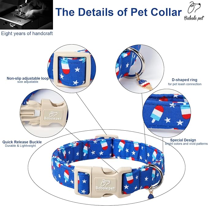4th of July Dog Collar, Summer Popsicle Patriotic Dog Collars for Small Dogs, Adjustable Lightweight Quick-Release Buckle Collar for Boy&Girl Dogs S