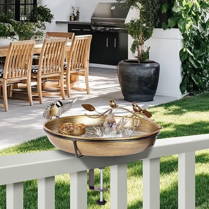 Metal Deck Mounted Bird Bath - 12 Inch Bronze Color Bird Bath for Outdoor with Small Bird Feeder and Decor Branch - Attracts Hummingbirds, Cardinals, Finches