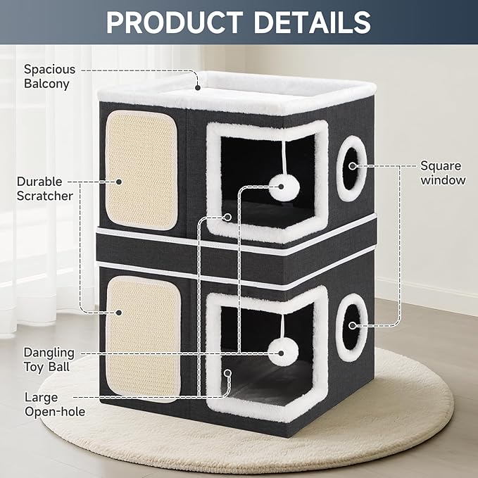 2-Storey Cat House for Indoor Cats, Separate Into 2 Large Cat Bed Cave with Hideaway Condos, Scratch Pads, Hanging Balls, Foldable Indoor Cat House, Cat Cube for Multiple Cats Kitten, Black