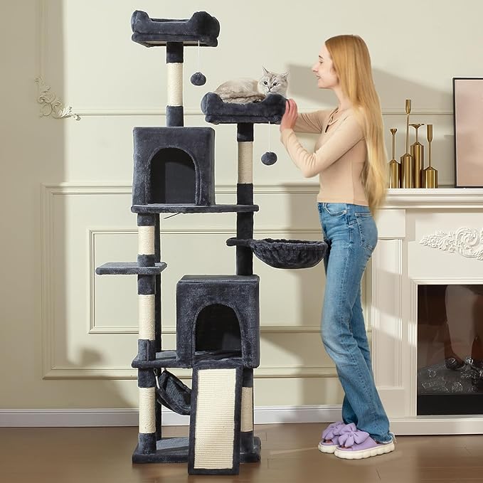 Cat Tree, 70-Inch Cat Tree Tower with Hammock, Scratching Post, Condo and Multi-Level Cat Tower, Large Cat Activity Center Playhouse, Dark Gray LCT015