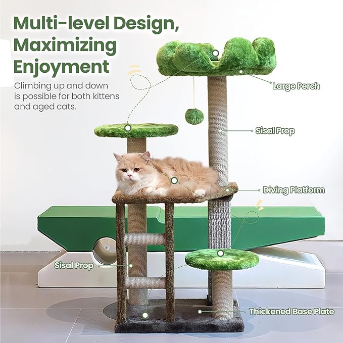 Cat Tree, 37.4-Inch Cat Tower with Plush Cozy Perch for Indoor Cats, Sturdy Tower with Fully Sisal-Wrapped Columns and Plush Toy Ball for Kitty Play, Green