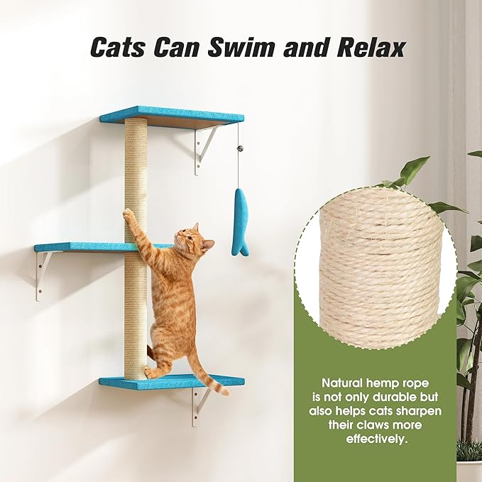 COZIWOW 4-Piece Wall-Mounted Cat Tree Set – Sturdy Wood Pet House, Scratching Board, Platforms, Sisal Posts & Blue Fish Charm – Ocean Blue