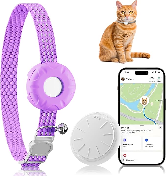GPS Tracker for Cats, Cat Tracker Compatible with Apple Find My App (Only iOS), No Monthly Fee, Waterproof (White Tracker, Purple Cat Collar)