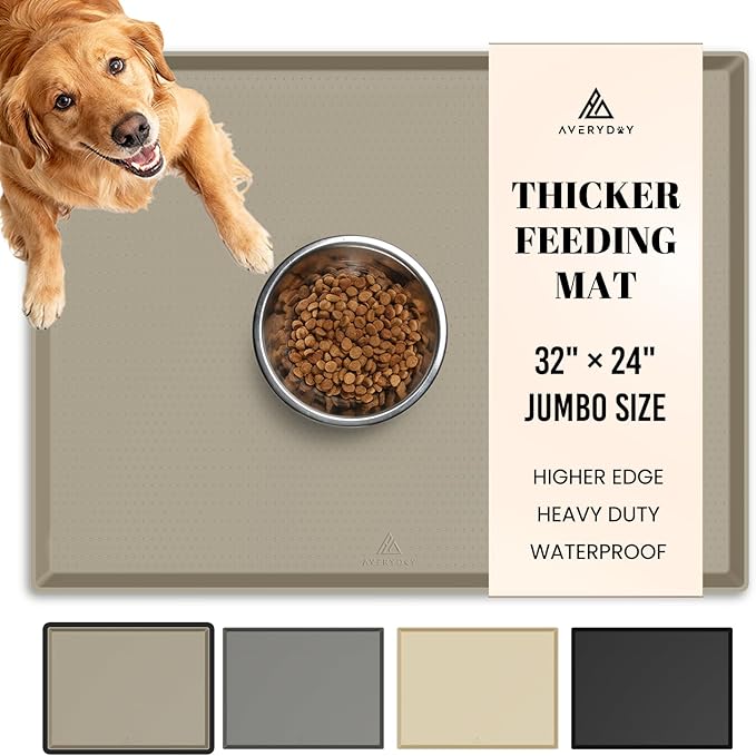 AVERYDAY 100% Waterproof Thicker Silicone Dog Food Mat, 0.63'' Raised Edge Bowl Mat for Food & Water, Non Slip Pet Feeding Placemat for Messy Drinkers, Perfect for Large Medium Small Breeds, 32"x24"