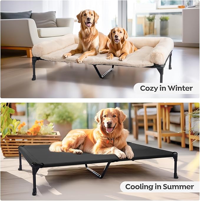 Veehoo Orthopedic Elevated Dog Bed + Removable Fluffy Pillow-Top Mat, Plush Raised Dog Bed with Bolster, Breathable Mesh, No-Slip Feet, Dog Sofa Bed for Indoor & Outdoor, 59"x37.5", XXLarge, CWC2331E