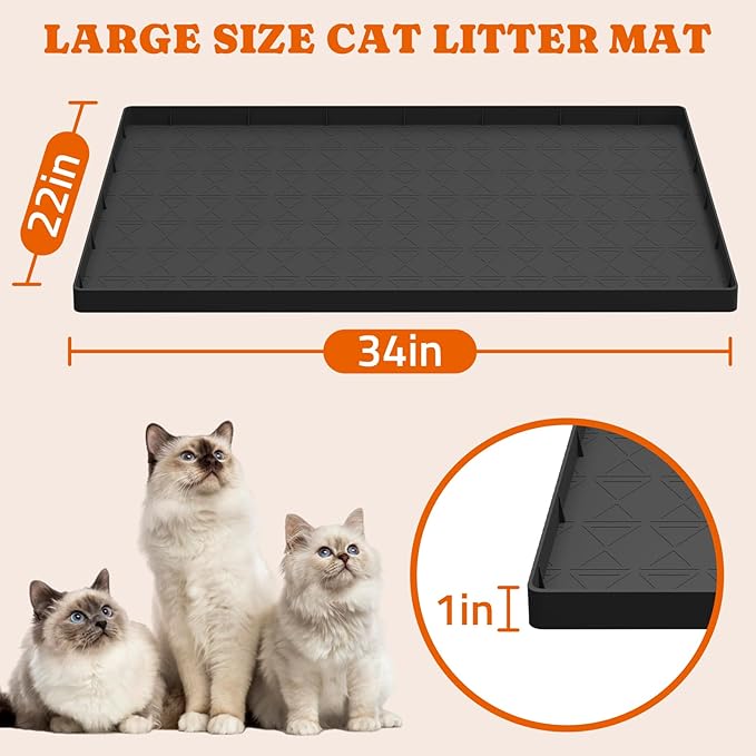 Extra Large Silicone Cat Litter Mats, 34" x 22" Waterproof Litter Box Mat, Non-Slip Kitty Litter Mat for Scatter Control, Easy to Clean & Urine-Proof Cat Litter Trapping Mat, Black