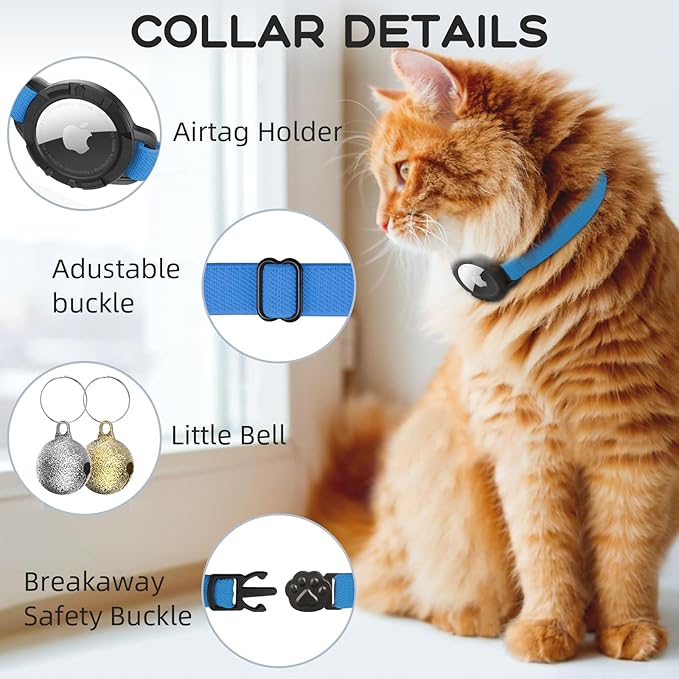 AirTag Cat Collars, Stretchy Collar with Apple AirTag Holder and Bell, Breakaway Ultra Design Elastic GPS Tracking Collars for Cats and Puppies, (7.5-12.5 Inch), Sapphire Blue
