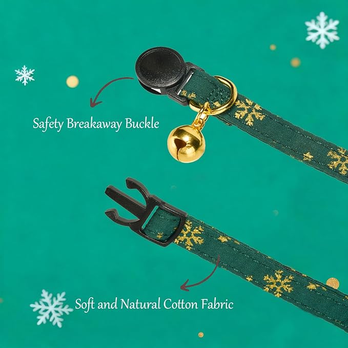Bunny Ear Christmas Bowtie Cat Collar with Bell 2 Pack Cotton Breakaway Snowflakes Holiday Kitten Collars(Red+Green)