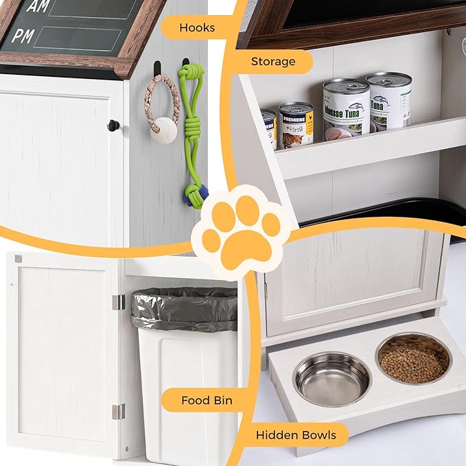 Dog Food Feeding Station with Storage, Pet Food Storage Cabinet with Bowls and Flip-Top Blackboard, Hidden Trash Can, Pet Organizer Cabinet for Dog and Cat, White