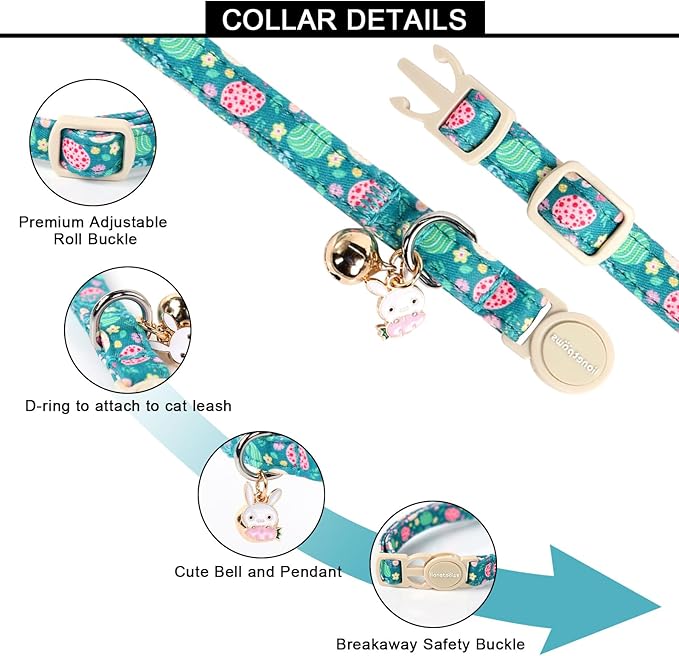 Lionet Paws 2pcs Pack Easter Cotton Cat Collar,Breakaway Buckle with Rabbit and Floral Eggs Cute Adjustable Green Cat Kitten Collar,Ideal for Girl Cats Boy Cats
