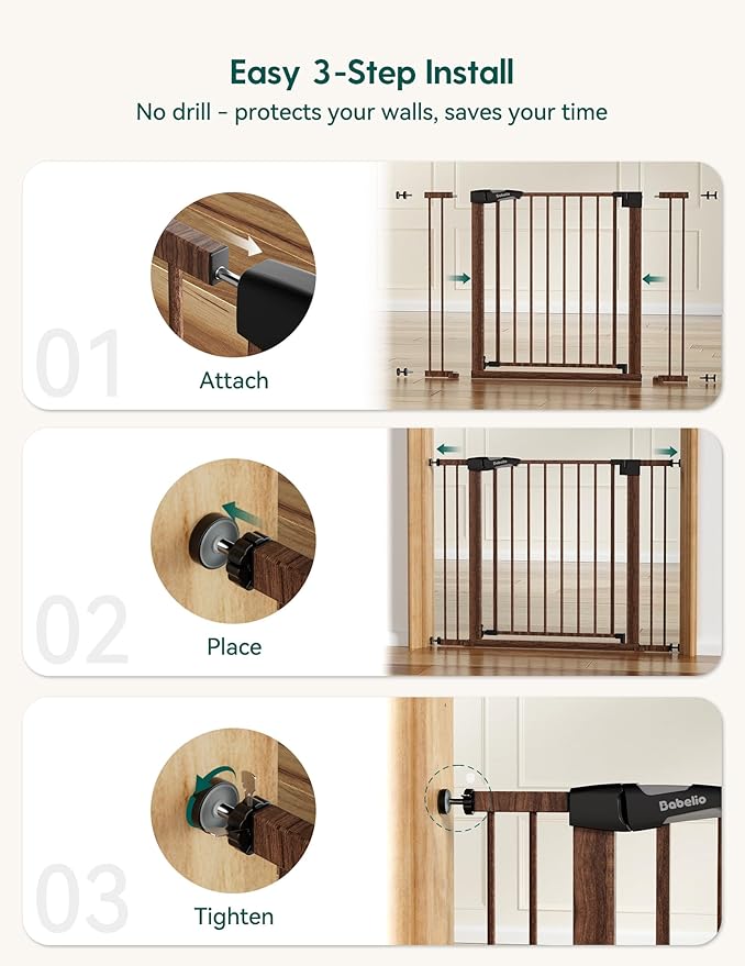 Mom's Choice Award Winner-BABELIO 26-40" Metal Baby Gate with Black Wood Pattern, PressGuard C5 Easy Install Pressure Mounted Dog Gate for Stairs and Doorways, with Wall Protectors and Extension Kits