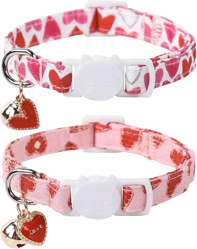 Lionet Paws 2pcs Pack Valentine's Day Cotton Cat Collar,Breakaway Buckle with Pink Red Heart Cute Adjustable Cat Kitten Collar,Ideal for Girl Cats