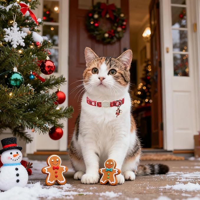 Christmas Cat Collar,Unique Style Paws Kitten Collars,Cute Cats Collar with Bell,Adjustable Kitten Collar Breakaway Buckle with Santa Claus,Christmas Tree Pattern,Ideal Gift for Boy Girl Cats