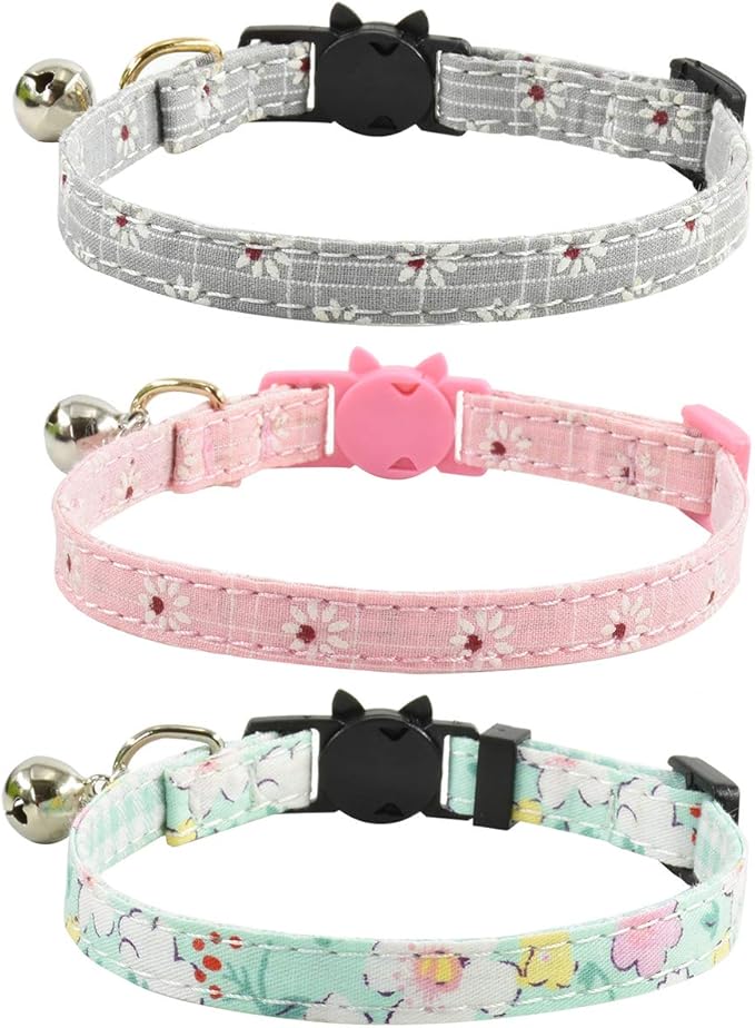 Breakaway Cat Collars with Bell, Set of 3, Durable & Safe Cute Kitten Collars Safety Adjustable Kitty Collar for Cat Puppy 7.5-11in (Gray,Pink,Blue)