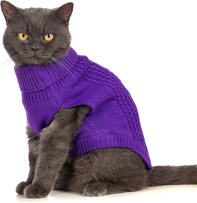 Stretchy Cat Sweater - 17 Colors & 6 Sizes | Snug Winter-Ready Knit for Boy/Girl Cats & Kittens(Deep Purple, Small)