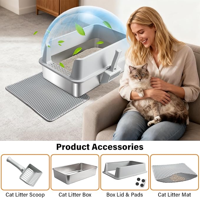 Stainless Steel Litter Box,XL Metal Cat Litter Box with Lid High Sides, Extra Large Litter Boxes for Big Cats,Odor-Resistant, Scratch-Proof, Easy to Clean, Non-Stick,Scoop Included