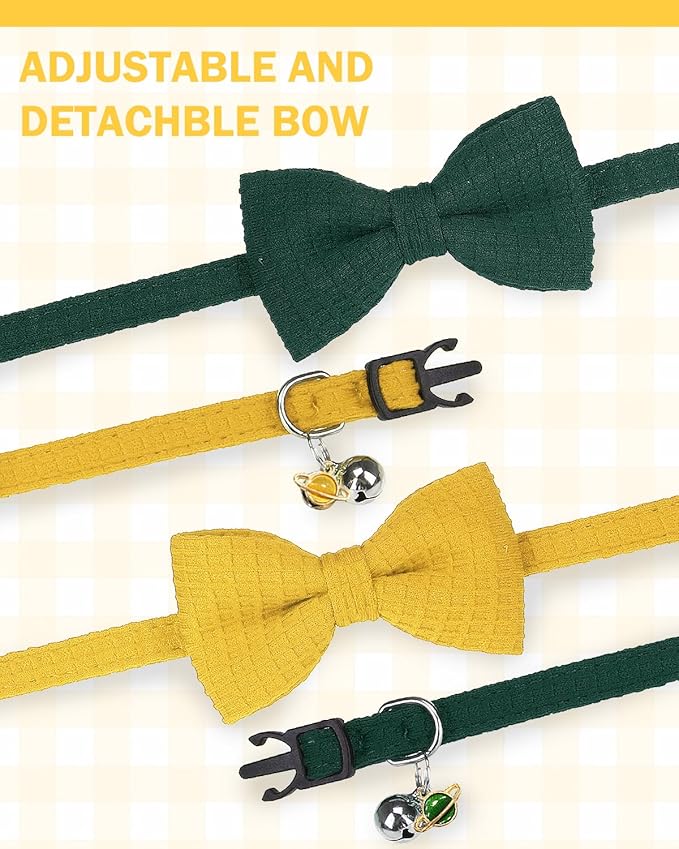 Cat Collar Breakaway with Bells, Soft Cotton Green Cat Bowtie Collar for Girl Boy Cats, Small Cats Collar with Bow for Spring Summer,2 Pack Cute Kitten Collars with Removable Bowtie 8-12Inch