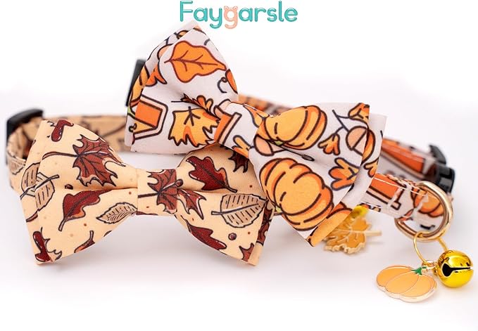 Faygarsle 2 Pack Breakaway Fall Cat Collars with Bow - Boy & Girl - Orange - Autumn Pumpkin Leaf Pattern - Soft Collar - Seasonal Cat Necklace