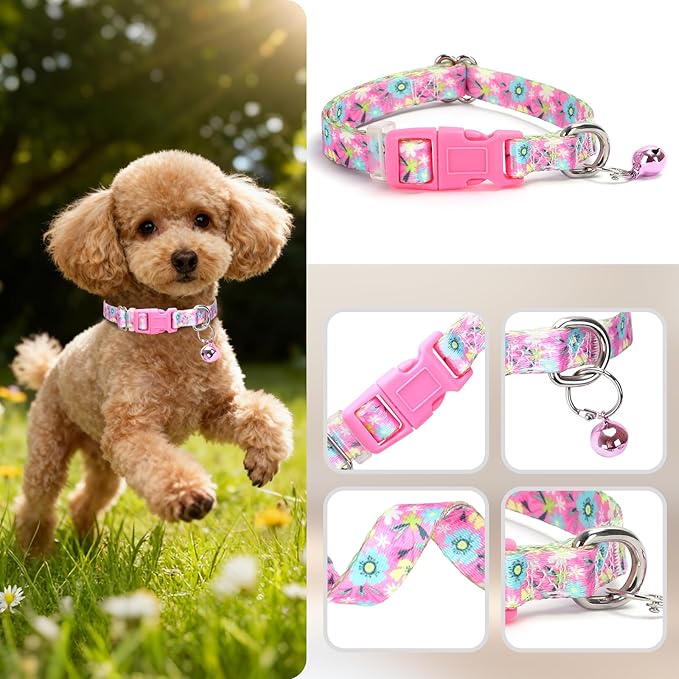 XS Dog Collar with Bell - Durable Nylon Collar for Small Breeds, Adjustable Flower Pattern Collar for Chihuahua Pomeranian Yorkie, Heavy-Duty for Active Puppies（XS）