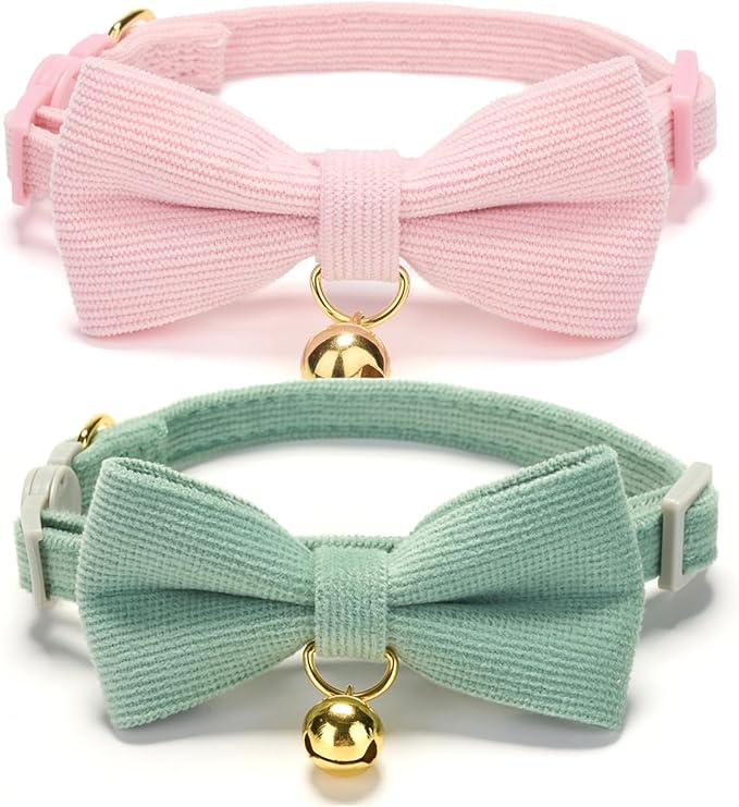 2 Pack Soft Corduroy Cat Collars with Bow Tie & Bell Adjustable Breakaway Bowtie Kitten Collar for Girl Boy Kittens(Pink & Grass Green)