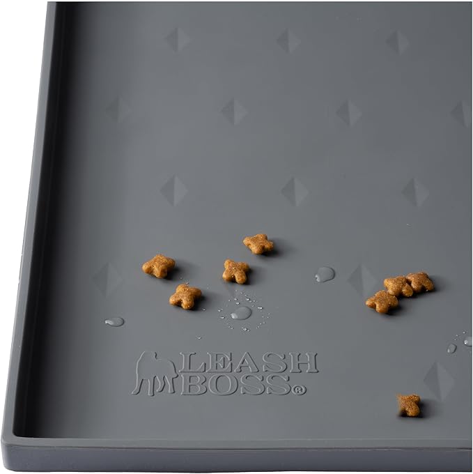 Leash Boss Dog Food Mat - Waterproof Non-Slip Dog Bowl Mat - Raised Lip Spill Containment Pet Feeding Pad - Dishwasher-Safe Silicone Tray - XXL, 30" x 22", Gray