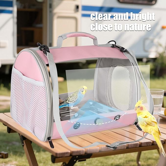 Long Tail Bird Travel Carrier Cage with Tray and Stand Perch, Portable Lightweight Clear Windows Carry Bag for Parakeet Budgies Cockatiel Transport to Vet (Pink, Cylinder Design - Clear)