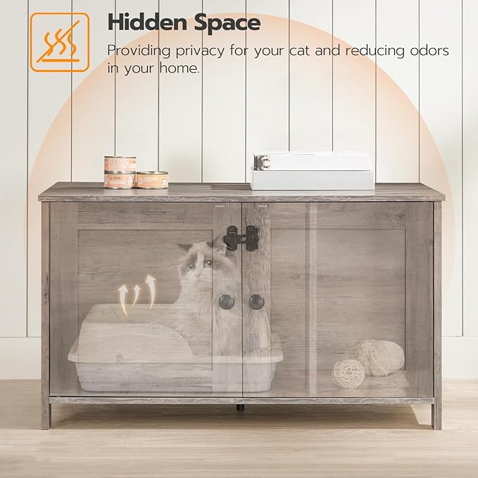 HOOBRO Litter Box Enclosure, Cat Litter Box Furniture with Removable Divider, Large Hidden Litter Box Furniture, Wooden Cat House, End Side Table, 31" L x 17.5" W x 19.7" H, Greige BG03MW01G2