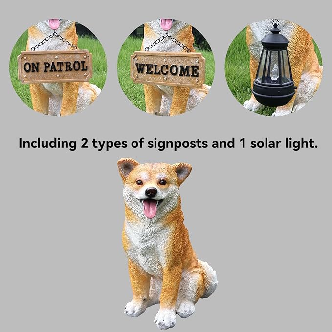 Akita Statue Outdoor Decorations – Dog Statues Outdoor Sitting Akita with Hanging Solar Light and Welcome Sign with Replaceable Solar Light & Welcome Sign for Porch Décor