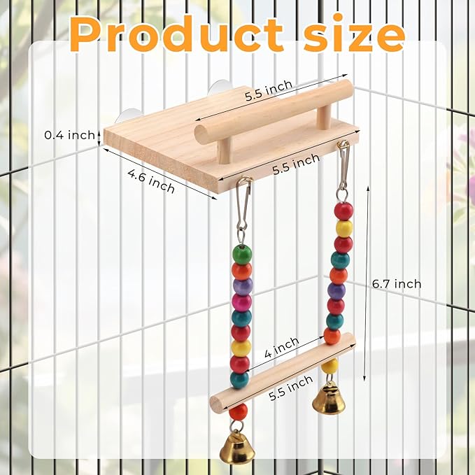 Natural Wood Bird Perch Swing - Cage Platform for Budgies, Cockatiels, Parakeets & Small Birds - Adjustable Play Rest Gym
