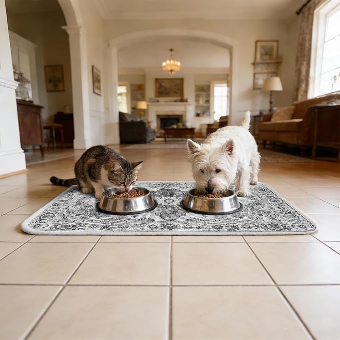 PUPTECK Dog Food Mat, Absorbent Pet Feeding Bowl Mat, Non-Slip Dog Mat for Food and Water, Quick Dry No Stains Cat Placemats Pet Supplies for Messy Drinkers, Grey 12"x20"