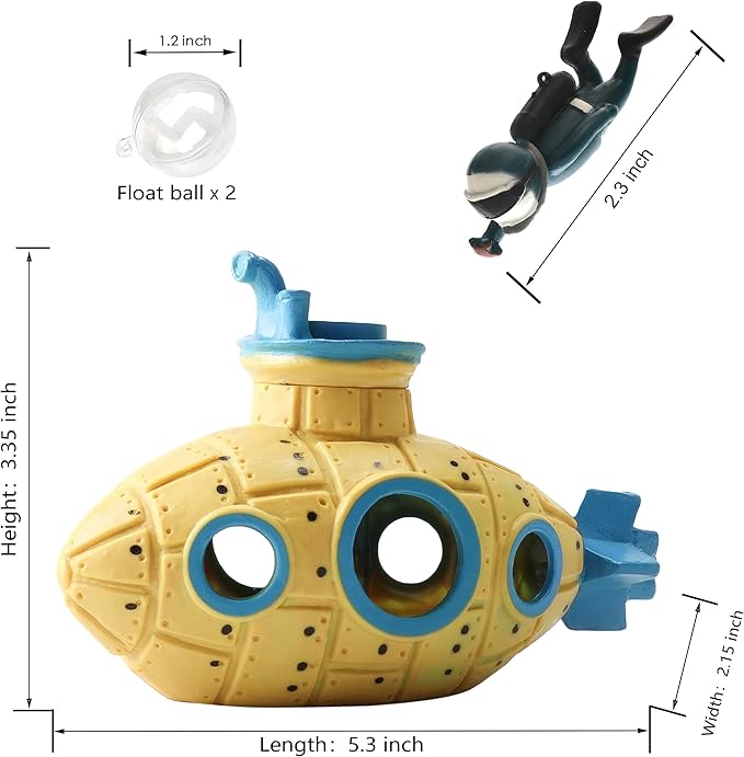 Floating Fish Tank Decoration, LittleCute Retro Submarine AquariumDecoration with Two Float Balls,Resinous Fish Tank Accessorie