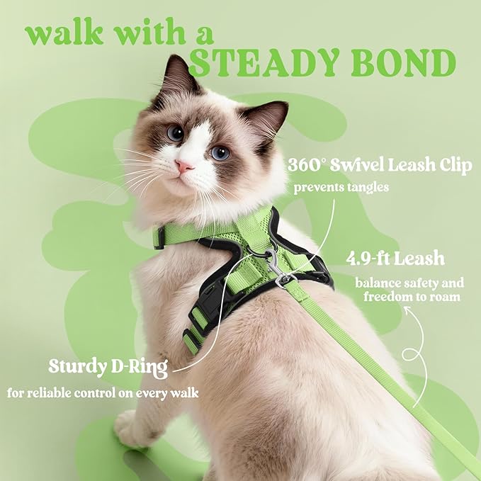 rabbitgoo Cat Harness and Leash for Walking, Escape Proof Soft Adjustable Vest Harnesses for Cats, Easy Control Breathable Reflective Strips Jacket, Light Green, S