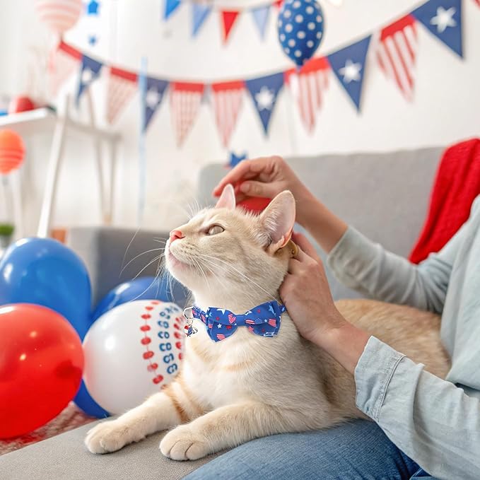 SCENEREAL Independence Cat Collar with Bells, 2 Pack Breakaway Cat Collars with Removable Bowtie Bandana, Adjustable Cute Kitten Collar for Pet Small Dogs Boys Girls