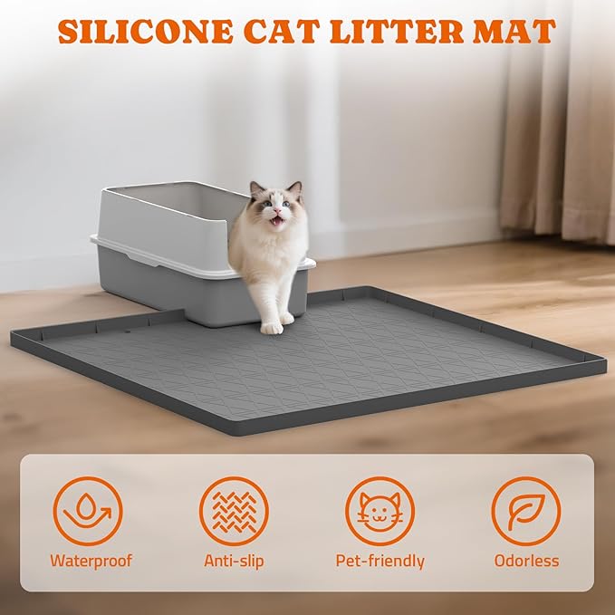 Pawtners Large Cat Litter Mat for Litter Box 2 Packs, 34" x 22" Waterproof Silicone Pad for Floor, Easy to Clean, Gray