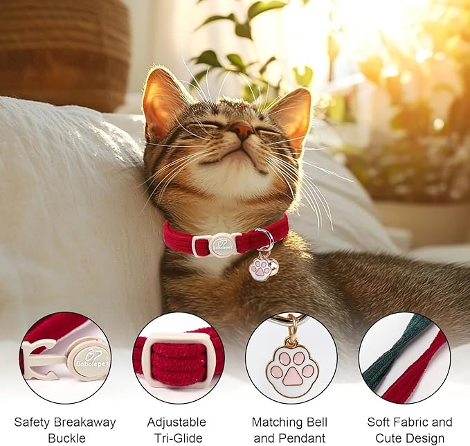 2 Pack Corduroy Cat Collars - Cute Breakaway Cat Collar with Bell and Paw Pendant, Soft Adjustable Fall Winter Kitten Collars for Girl Boy Cats, Green&Burgundy
