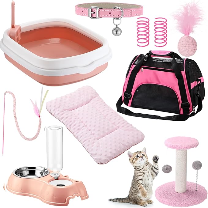 Eccliy Kitten Starter Kit, 10 Pcs Cat Starter Kit for Indoor Cats Kitten Essentials Includes Litter Box, Pet Toy, Folding Carrier, Climbing Frame, Mat, Collar, Automatic Food Bow(Classic,Pink)
