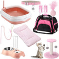 Eccliy Kitten Starter Kit, 10 Pcs Cat Starter Kit for Indoor Cats Kitten Essentials Includes Litter Box, Pet Toy, Folding Carrier, Climbing Frame, Mat, Collar, Automatic Food Bow(Classic,Pink)