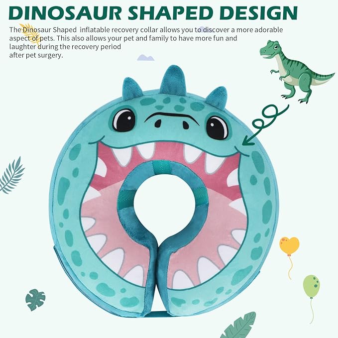 IEUUMLER Inflatable Recovery Dog Collar, Protective Donut Cone, Adjustable Soft Collar for Dog and Cat After Surgery Prevent from Biting & Scratching EU002 - Teal Dinosaur L