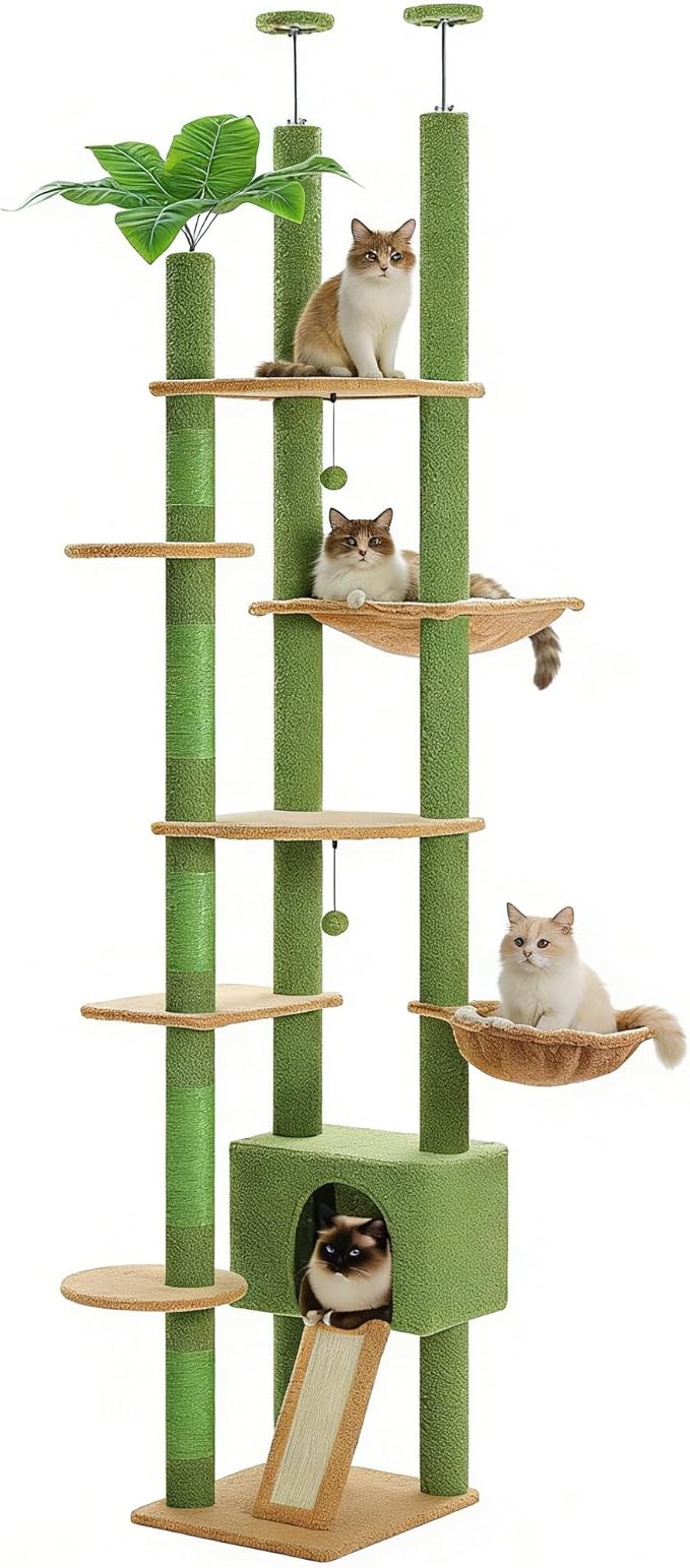 PETEPELA Floor to Ceiling Cat Tree, Adjustable 90.5''-100.4'' Cat Tower Cactus Climbing Tree with Scratching Posts, Spacious Condo and Large Hammock for Indoor Cats Large Adult, Green