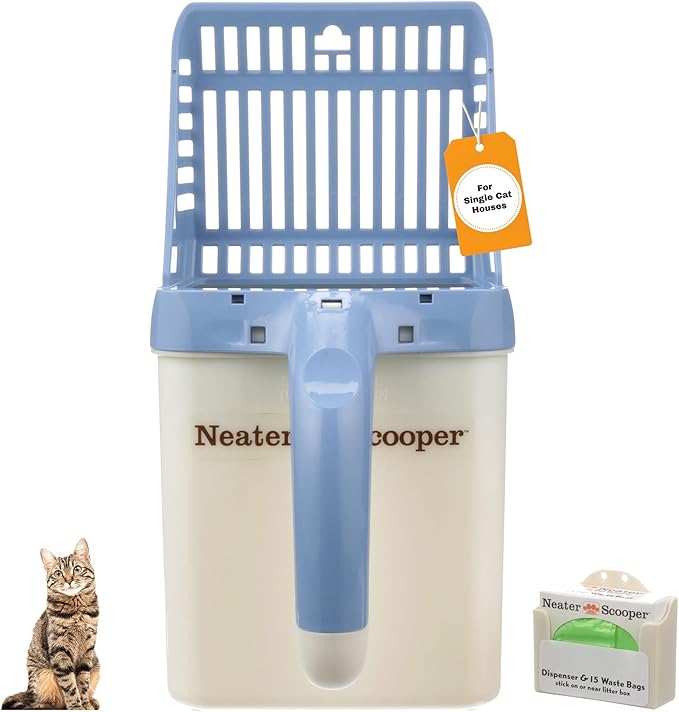 Neater Pet Brands Neater Scooper Standard Cat Litter Scoop, 15 Refill Bags – Mess-Free Cat Litter Scooper with Bag, Spill-Proof Kitty Box Sifter, Bin Doubles as Scoop Holder, For Single-Cat Households