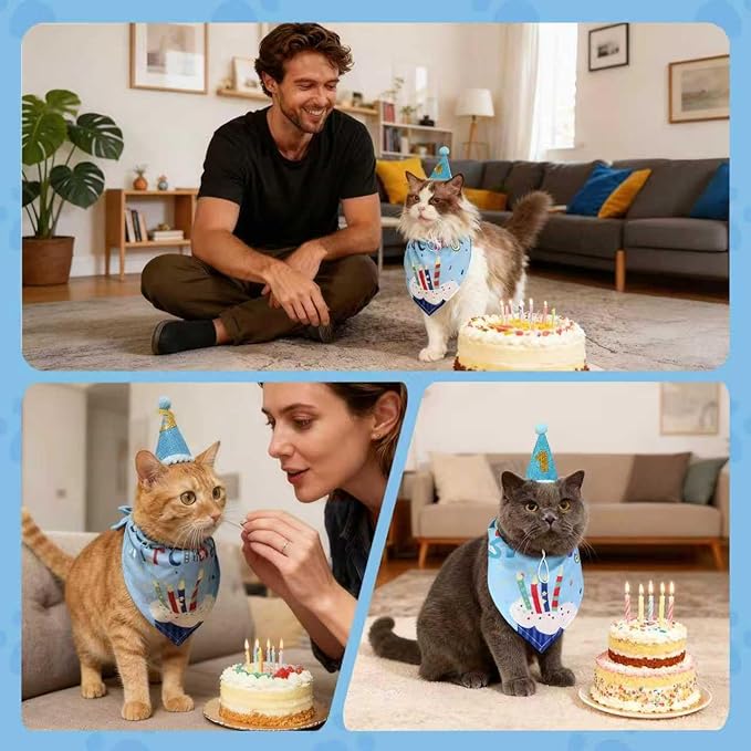 Dog & Cat Birthday Party Decorations Set Include Bandana, Adjustable Hat, Balloons, Happy Birthday Banner for Male and Female. Available for Small & Medium & Large Breeds (Blue)