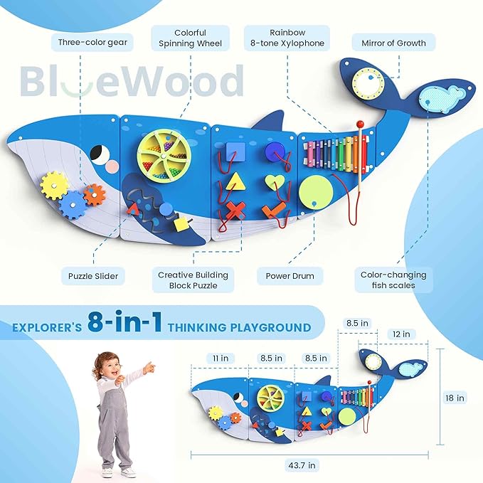 BlueWood Wooden Wall Busy Board Panels, Toddler Learning Activity Center, Montessori Philosophy Sensory, Educational Toys, Conducive to All-Round Development - Whale