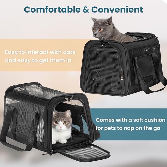19 x 12 x 12 Large Cat Car Carrier – Roomy Escape-Proof Cat Car Seat for Safe Driving, Lockable Zippers & Safety Tether, Soft-Sided Travel Carrier for Road Trips & Vet Visits