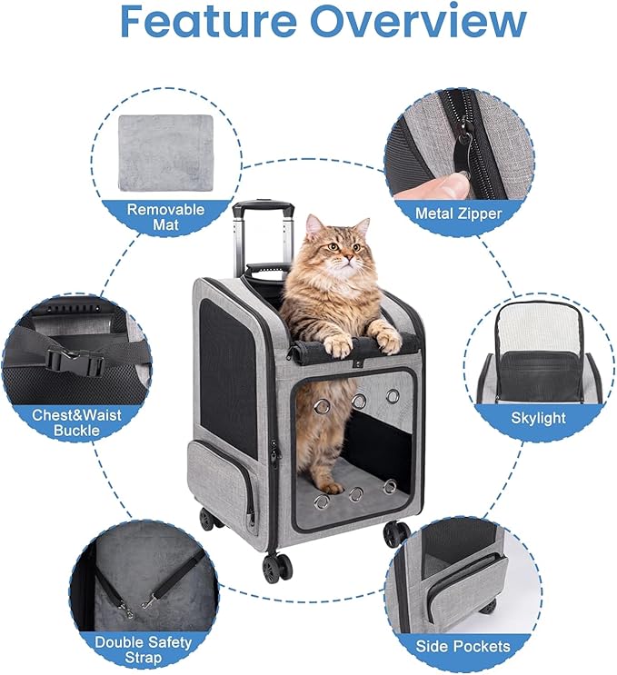 Extra Large Pet Carrier Backpack with Wheels Cats Under 30 Lbs, for Dogs Puppies Rabbits Other Animals Under 25 Lbs, Great for Travel/Hiking/Outdoor Use