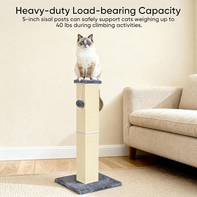 32" Tall Cat Scratching Post for Large Indoor Cats & Kittens, Cat Scratcher with Extra Large Stable Base and Natural Sisal, Sturdy Cat Scratch Post to Protect Furniture & Couch, Grey