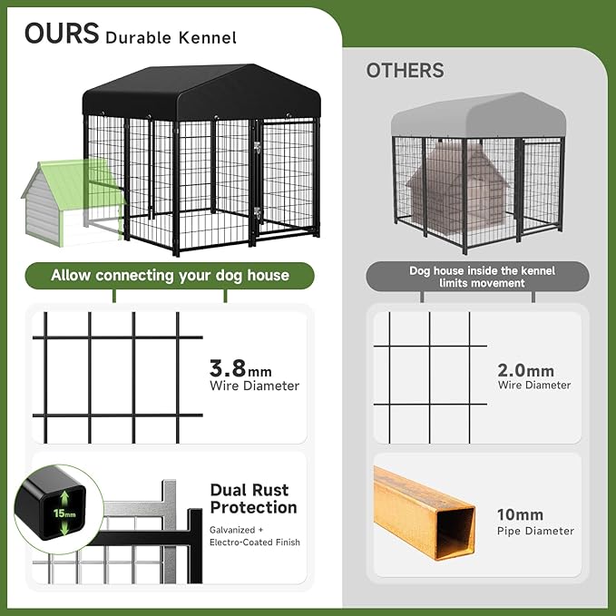 2PCS Dog Kennel Outdoor, Outside Dog Kennel with Roof & Removable Doggy Door Allow Connecting Your Dog House, Square Pet Enclosure Dog Run Yard for Medium/Small Dogs(4'Lx4'Wx4.6'H)