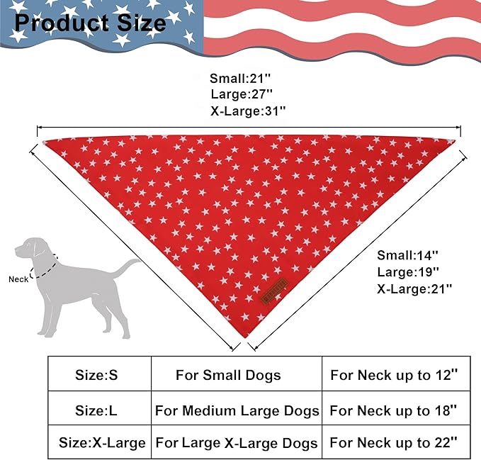ADOGGYGO Star Dog Bandana 2 Pack, Reversible Red Blue Patriotic Pet Scarf Bib, Adjustable Fit 4th of July Star Bandanas for Medium Large Dogs Pets (Large)