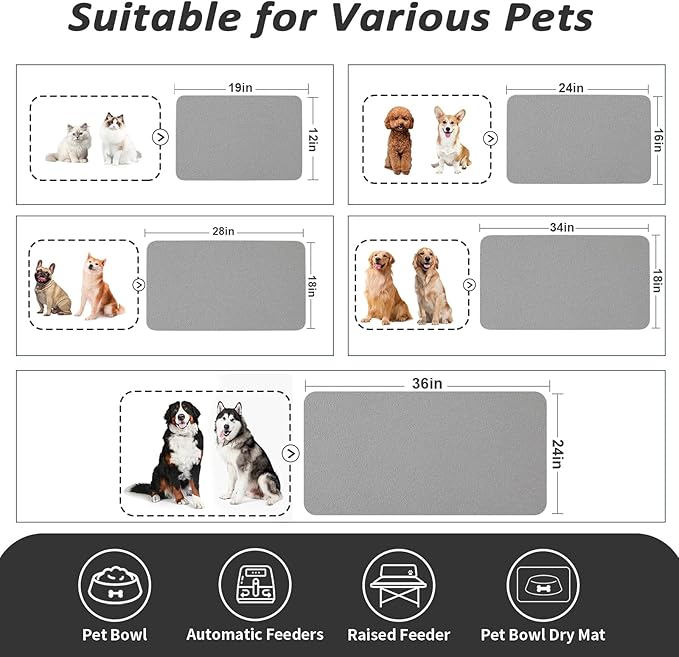 Dog Food Mat - Absorbent Cat Mat for Food and Water, No Stains Pet Feeding Bowl Mat, Easy to Clean Pet Placemats, Quick Dry Dog Water Dispenser Mat for Messy Drinkers | Grey 12"x 19"