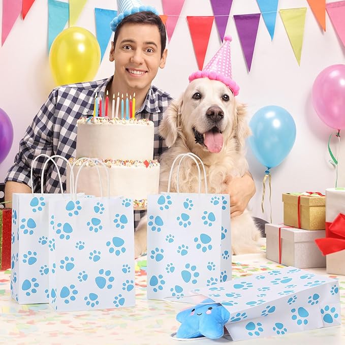 Blulu 20 Pcs Puppy Dog Paw Gift Bags with Paper Twist Handles, Dog Gift Paper Paw Treat Goodie Bags for PET Treat Party Favor, 6.3 x 3.1 x 8.6 Inch(White Backing, Blue Paws)